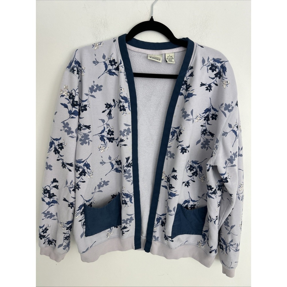 Classic Elements Women's L Lavender Navy Floral Long‎ Sleeve Open Cardigan Soft